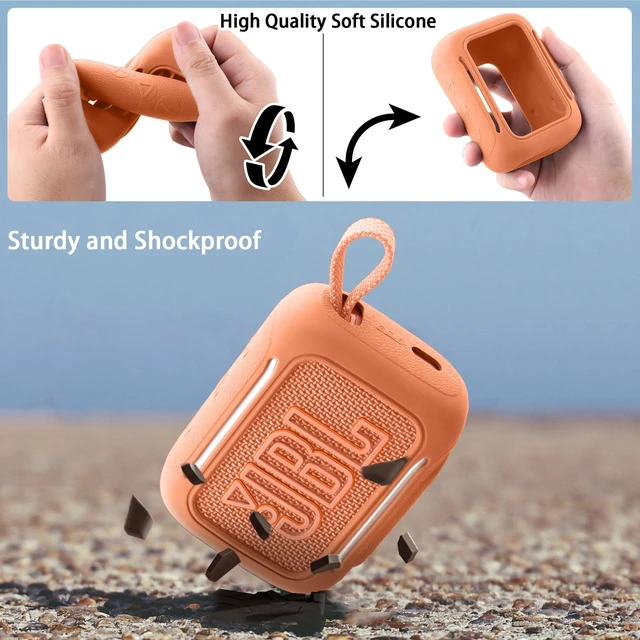 Alt view image 7 of 7 - for JBL Go 5 Waterproof Bluetooth Speaker Silicone Cover, Orange Snug Fit, Portable Carabiner Clip, Shock Absorption, Drop Protection, Travel Lightweight Design, Protective Skin Case