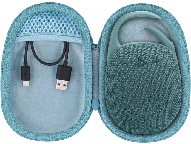 Main image of Hard Carrying Case for JBL Clip 5 Portable Mini Speaker, Teal 1:1 Molded Interior, Soft Anti-Static Velvet Lining, Cable Storage, Secure Fit, Carabiner, High-Density EVA Shell