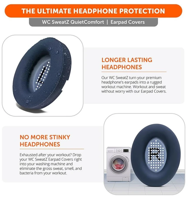 Alt view image 5 of 7 - SweatZ QuietComfort - Sweat Covers for Bose QC 45, 35, 35ii, QC2 & QC25 Made by Wicked Cushions Patented Design, Also fits QC15, AE2, AE2i, SoundTrue & SoundLink Midnight Blue