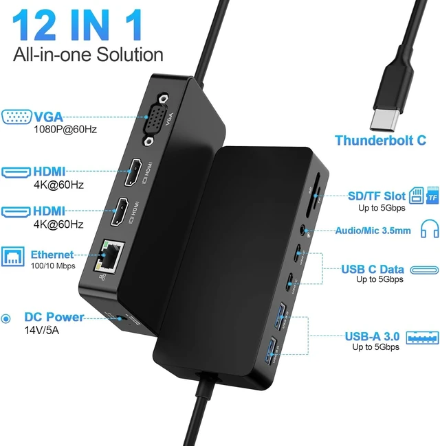 Alt view image 3 of 7 - Surface Thunderbolt 4 Dock Triple Displays with 100W Power Supply, 12 in 1 Surface USB4 Dock with Dual 4K HDMI+VGA for Surface Pro 12/11/10/9/8/X/7+/7, Laptop 7/6/5/4/3,Go 4/3/2/1,Studio 2/1