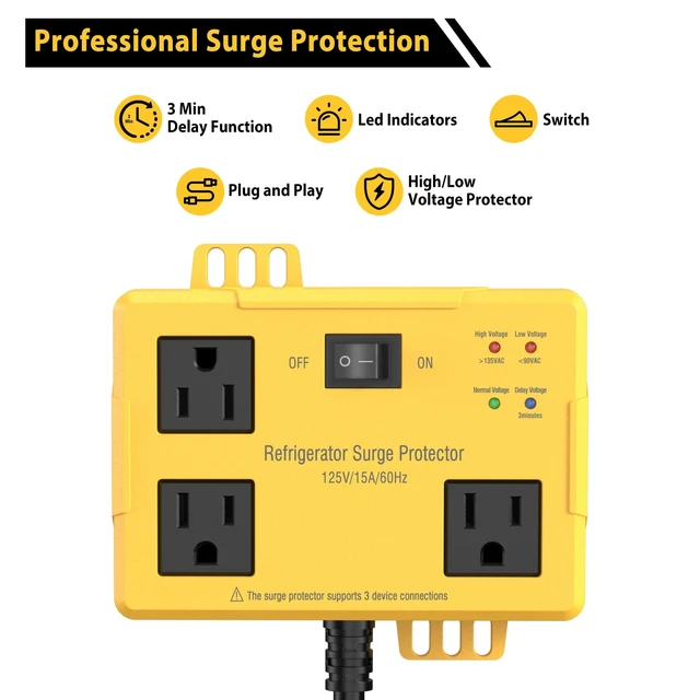 Alt view image 3 of 7 - 3 Outlets Refrigerator Surge Protector for Home Appliances with Time Delay 2FT Wall Mount Protector de Voltaje Protects Against Brownout, Spike, Instant Surge All Voltage Abnormalities. ETL listed