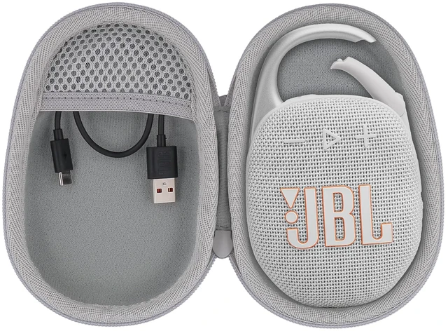 Main image of Hard Carrying Case for JBL Clip 5 Portable Mini Speaker, White 1:1 Molded Interior, Soft Anti-Static Velvet Lining, Cable Storage, Secure Fit, Carabiner, High-Density EVA Shell