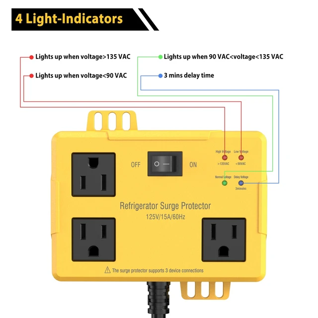 Alt view image 5 of 7 - 3 Outlets Refrigerator Surge Protector for Home Appliances with Time Delay 2FT Wall Mount Protector de Voltaje Protects Against Brownout, Spike, Instant Surge All Voltage Abnormalities. ETL listed