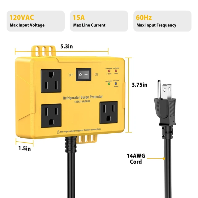 Alt view image 6 of 7 - 3 Outlets Refrigerator Surge Protector for Home Appliances with Time Delay 2FT Wall Mount Protector de Voltaje Protects Against Brownout, Spike, Instant Surge All Voltage Abnormalities. ETL listed