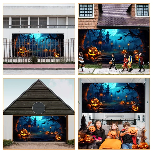 Alt view image 6 of 6 - Halloween Decorations Garage Door Cover, Large Hanging Backdrop Door Cover Halloween Garage Wall Decorations for Outdoor Home Yard Garage Door Decorations Party Photo Backgrounds (7X16Ft)