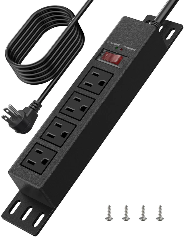 Main image of 1500J Small Surge Protector Power Strip 4 Outlets 10 ft, Black Grounded & Protected Lights, Mountable, RESET Switch, 12A/1500W, 16AWG Flat Plug Extension Cord for Home Office, ETL Listed