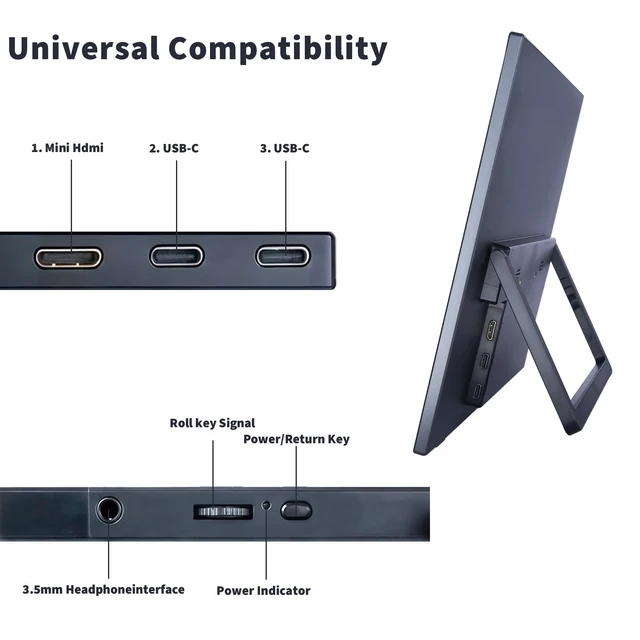 Alt view image 5 of 7 - 15.6 Inch Portable Monitor, 1080P FHD 60Hz IPS Screen, 72% sRGB HDMI USB-C External Monitor for Laptop PC MacBook Phone Xbox PS5/4, Travel Second Display with Kickstand