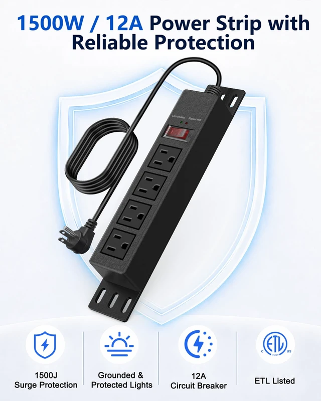 Alt view image 2 of 7 - 1500J Small Surge Protector Power Strip 4 Outlets 10 ft, Black Grounded & Protected Lights, Mountable, RESET Switch, 12A/1500W, 16AWG Flat Plug Extension Cord for Home Office, ETL Listed