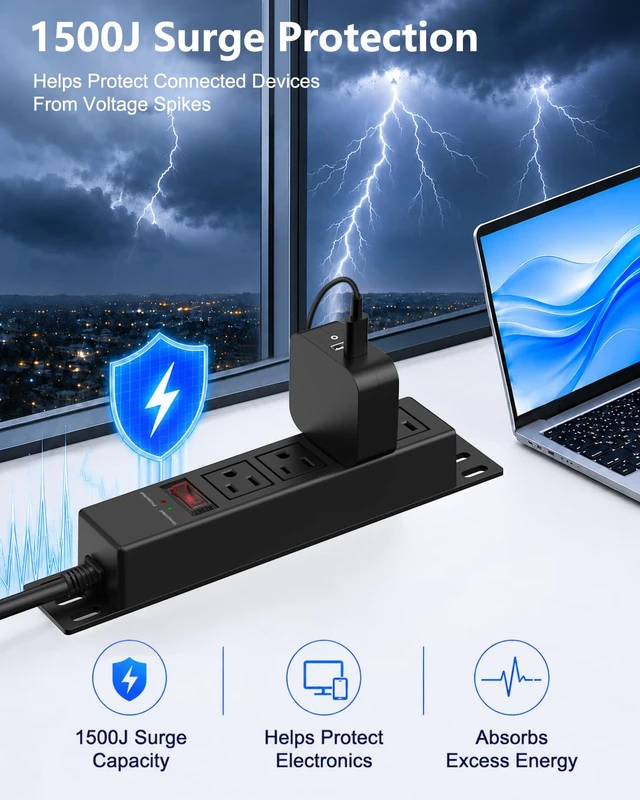 Alt view image 3 of 7 - 1500J Small Surge Protector Power Strip 4 Outlets 10 ft, Black Grounded & Protected Lights, Mountable, RESET Switch, 12A/1500W, 16AWG Flat Plug Extension Cord for Home Office, ETL Listed