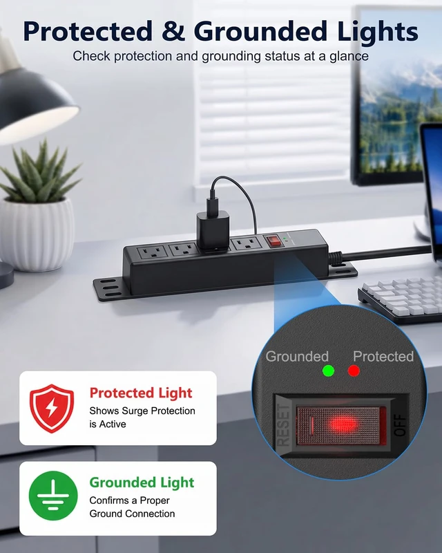 Alt view image 4 of 7 - 1500J Small Surge Protector Power Strip 4 Outlets 10 ft, Black Grounded & Protected Lights, Mountable, RESET Switch, 12A/1500W, 16AWG Flat Plug Extension Cord for Home Office, ETL Listed