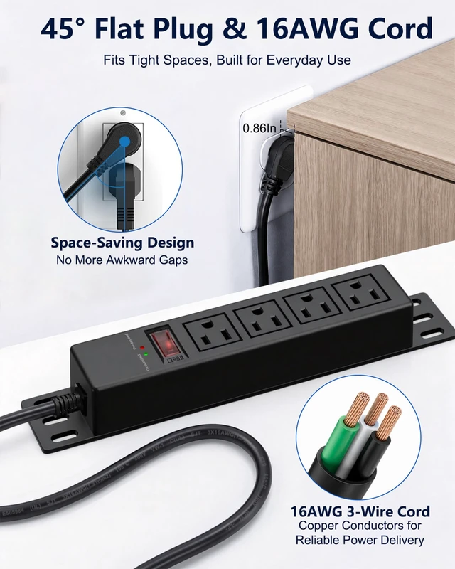 Alt view image 5 of 7 - 1500J Small Surge Protector Power Strip 4 Outlets 10 ft, Black Grounded & Protected Lights, Mountable, RESET Switch, 12A/1500W, 16AWG Flat Plug Extension Cord for Home Office, ETL Listed