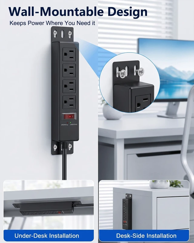 Alt view image 6 of 7 - 1500J Small Surge Protector Power Strip 4 Outlets 10 ft, Black Grounded & Protected Lights, Mountable, RESET Switch, 12A/1500W, 16AWG Flat Plug Extension Cord for Home Office, ETL Listed