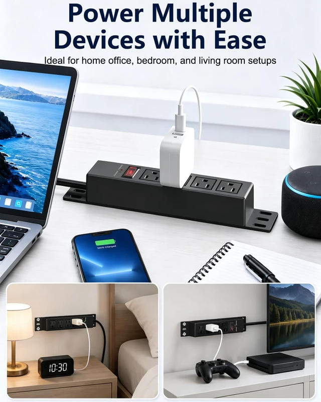 Alt view image 7 of 7 - 1500J Small Surge Protector Power Strip 4 Outlets 10 ft, Black Grounded & Protected Lights, Mountable, RESET Switch, 12A/1500W, 16AWG Flat Plug Extension Cord for Home Office, ETL Listed