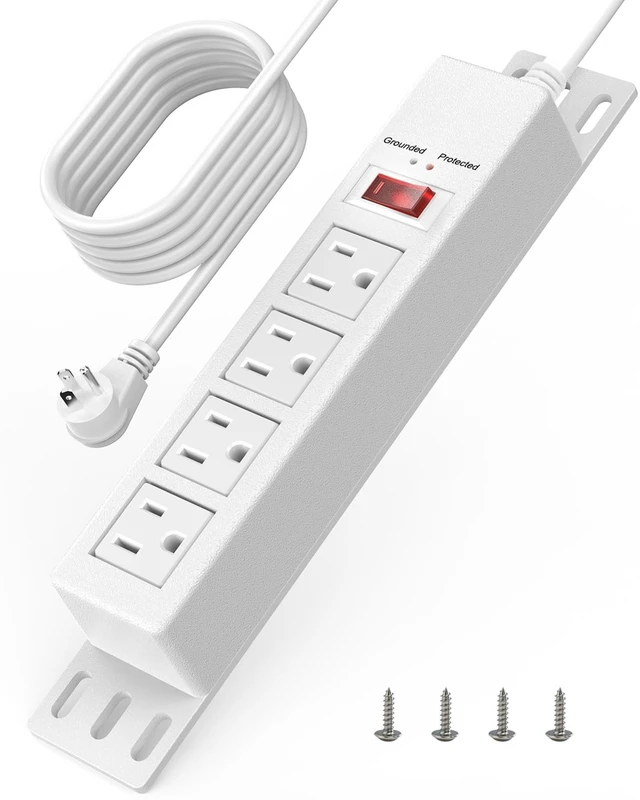 Main image of 1500J Small Surge Protector Power Strip 4 Outlets 10 ft, White Grounded & Protected Lights, Mountable, RESET Switch, 12A/1500W, 16AWG Flat Plug Extension Cord for Home Office, ETL Listed