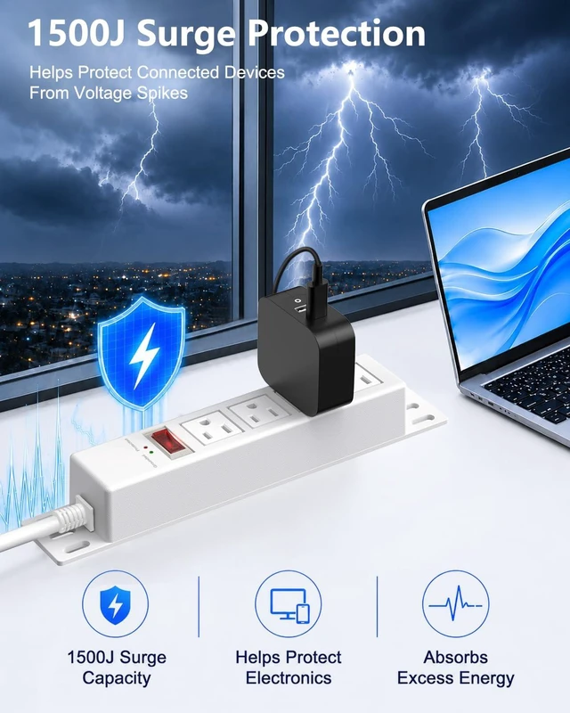 Alt view image 3 of 7 - 1500J Small Surge Protector Power Strip 4 Outlets 10 ft, White Grounded & Protected Lights, Mountable, RESET Switch, 12A/1500W, 16AWG Flat Plug Extension Cord for Home Office, ETL Listed