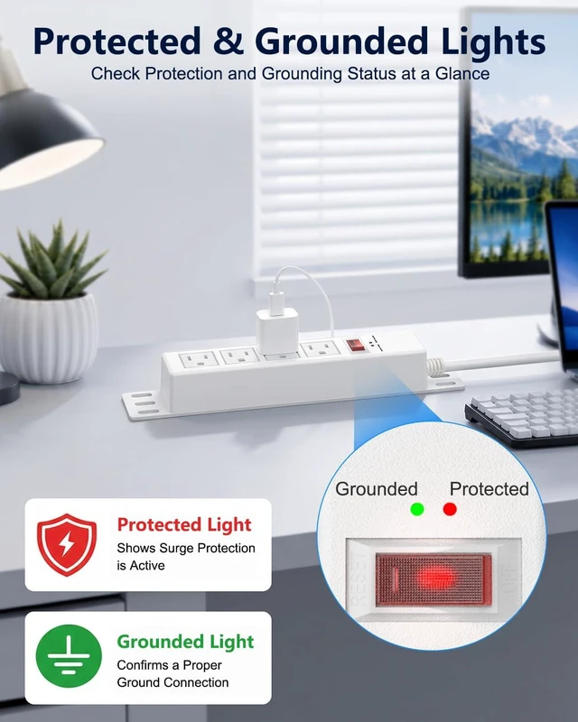 Alt view image 4 of 7 - 1500J Small Surge Protector Power Strip 4 Outlets 10 ft, White Grounded & Protected Lights, Mountable, RESET Switch, 12A/1500W, 16AWG Flat Plug Extension Cord for Home Office, ETL Listed