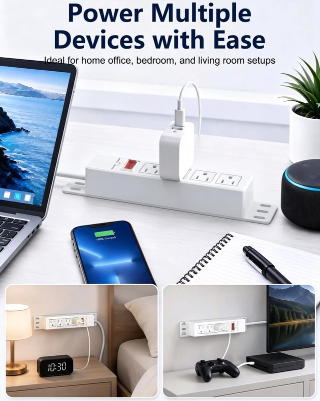 Alt view image 7 of 7 - 1500J Small Surge Protector Power Strip 4 Outlets 10 ft, White Grounded & Protected Lights, Mountable, RESET Switch, 12A/1500W, 16AWG Flat Plug Extension Cord for Home Office, ETL Listed