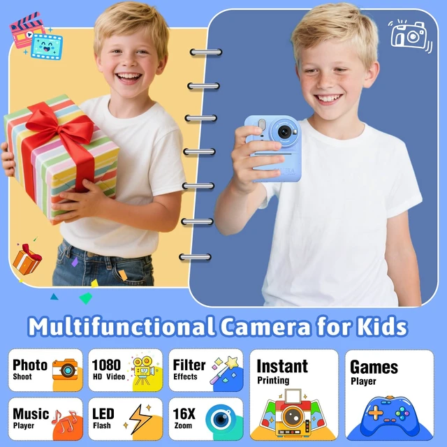 Alt view image 2 of 7 - Kids Instant Print Camera Toys,1080P HD Toddler Digital Video Camera,Christmas Birthday Gifts for Girls Boys Age 3-12 Year Old - TF Card Included (Blue)