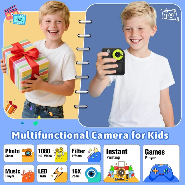 Alt view image 2 of 7 - Kids Instant Print Camera Toys,1080P HD Toddler Digital Video Camera,Birthday for Girls Boys Age 3-12 Year Old - TF Card Included (Black)