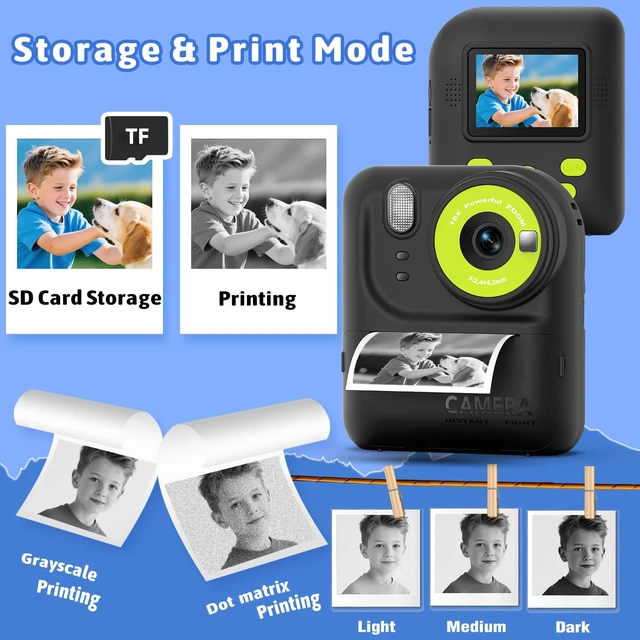 Alt view image 7 of 7 - Kids Instant Print Camera Toys,1080P HD Toddler Digital Video Camera,Birthday for Girls Boys Age 3-12 Year Old - TF Card Included (Black)