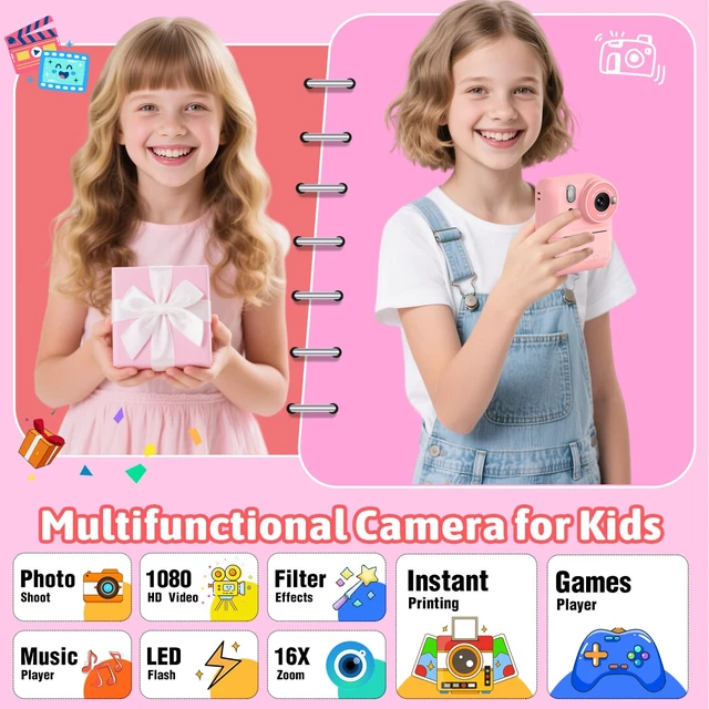 Alt view image 2 of 7 - Kids Instant Print Camera Toys,1080P HD Toddler Digital Video Camera,Christmas Birthday Gifts for Girls Boys Age 3-12 Year Old - TF Card Included (Pink)