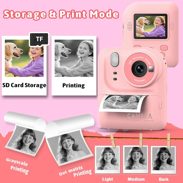Alt view image 7 of 7 - Kids Instant Print Camera Toys,1080P HD Toddler Digital Video Camera,Christmas Birthday Gifts for Girls Boys Age 3-12 Year Old - TF Card Included (Pink)