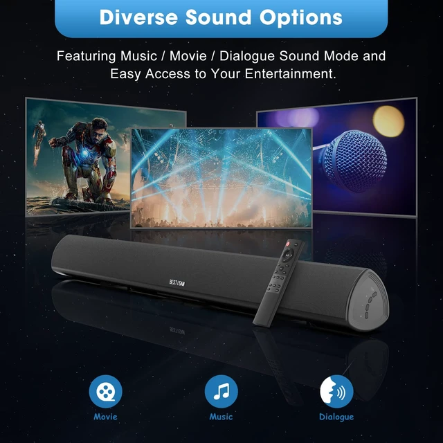 Alt view image 3 of 7 - BESTISAN Soundbar, TV Sound bar with Bluetooth 5.0, Optical AUX HDMI Connection, 28 Inch,3 EQs, 110dB Surround Sound Bar Home Theater Audio Soundbar System for TV