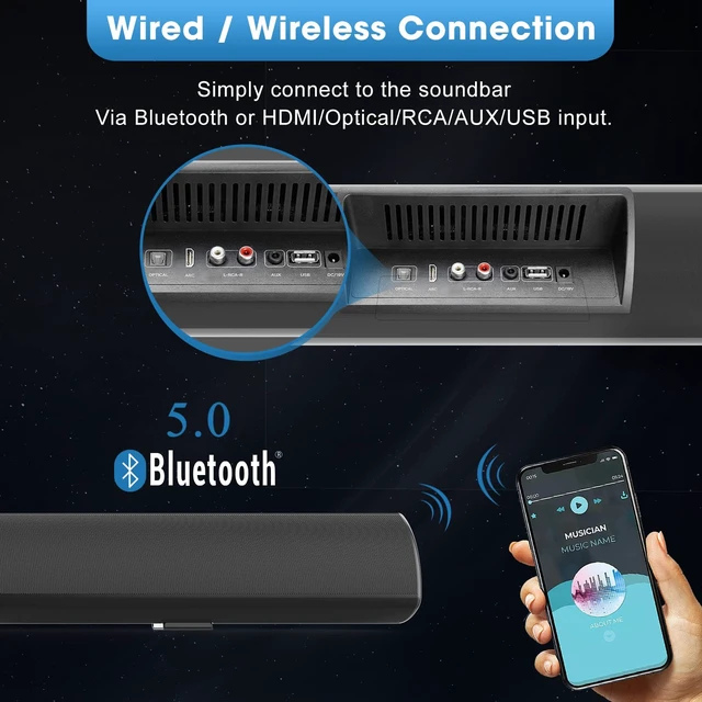 Alt view image 5 of 7 - BESTISAN Soundbar, TV Sound bar with Bluetooth 5.0, Optical AUX HDMI Connection, 28 Inch,3 EQs, 110dB Surround Sound Bar Home Theater Audio Soundbar System for TV