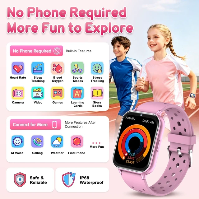 Alt view image 2 of 7 - Smart Watch for Kids, 1.83" Fitness Tracker with Heart Rate, Sleep Tracking, IP68 Waterproof, AI Voice, Calling, Camera, Games, Dual Bands, Gift for Girls and Boys Ages 5-16