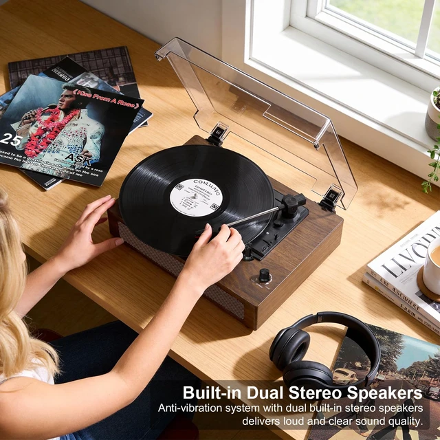 Alt view image 3 of 7 - Vintage Vinyl Record Player with Bluetooth & Built-in Stereo Speakers, 3-Speed Belt-Drive Turntable with Auto Stop, RCA Output & AUX in/Out, Classic Walnut Wood