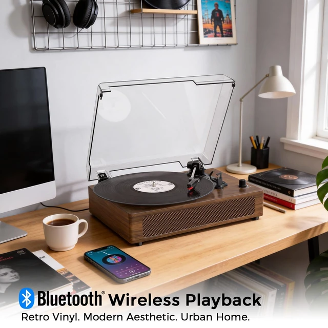 Alt view image 5 of 7 - Vintage Vinyl Record Player with Bluetooth & Built-in Stereo Speakers, 3-Speed Belt-Drive Turntable with Auto Stop, RCA Output & AUX in/Out, Classic Walnut Wood