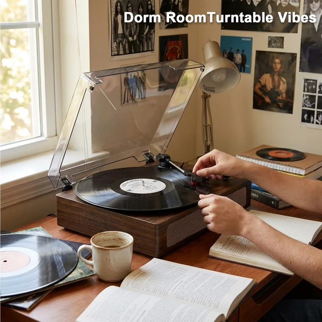Alt view image 7 of 7 - Vintage Vinyl Record Player with Bluetooth & Built-in Stereo Speakers, 3-Speed Belt-Drive Turntable with Auto Stop, RCA Output & AUX in/Out, Classic Walnut Wood