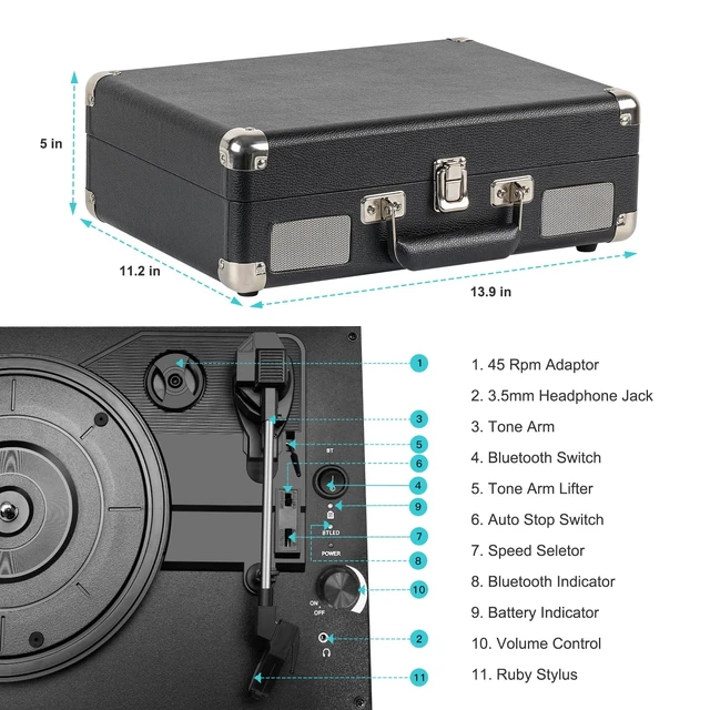 Alt view image 3 of 7 - Portable Record Player with 3 Speed Turntable Bluetooth Connectivity Built in 1800mAh Battery Retro Suitcase Design for Vinyl Music Lovers