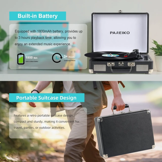 Alt view image 2 of 7 - Portable Record Player with 3 Speed Turntable Bluetooth Connectivity Built in 1800mAh Battery Retro Suitcase Design for Vinyl Music Lovers