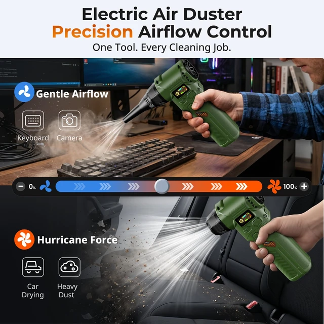 Alt view image 5 of 7 - J40 Next-Gen Smart Air Blower, Compressed Air Duster, 2 Swappable Batteries, Hurricane-Level Airflow, Variable-Speed Control, Smart Display, Car Detailing, Garage, Home Cleaning, Outdoor Use (Green)