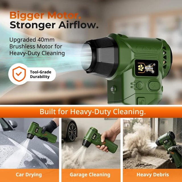 Alt view image 6 of 7 - J40 Next-Gen Smart Air Blower, Compressed Air Duster, 2 Swappable Batteries, Hurricane-Level Airflow, Variable-Speed Control, Smart Display, Car Detailing, Garage, Home Cleaning, Outdoor Use (Green)