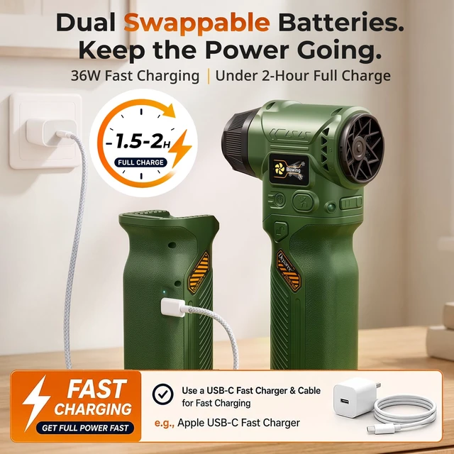 Alt view image 7 of 7 - J40 Next-Gen Smart Air Blower, Compressed Air Duster, 2 Swappable Batteries, Hurricane-Level Airflow, Variable-Speed Control, Smart Display, Car Detailing, Garage, Home Cleaning, Outdoor Use (Green)