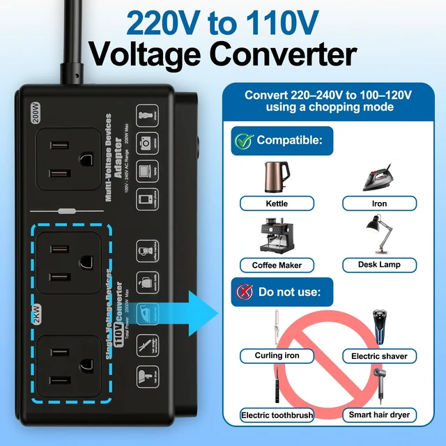 Alt view image 3 of 7 - 220V to 110V Travel Voltage Converter, Black International Universal Voltage Converter US to Europe Power Transformer, 2000W Electric Step Down Outlet Converter for EU UK