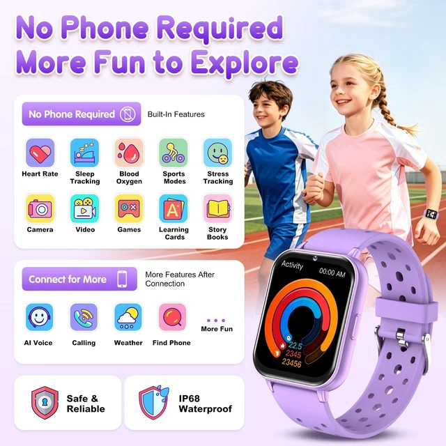 Alt view image 2 of 7 - Smart Watch for Kids, 1.83" Fitness Tracker with Heart Rate, Sleep Tracking, IP68 Waterproof, AI Voice, Calling, Camera, Games, Dual Bands, Gift for Girls and Boys Ages 5-16