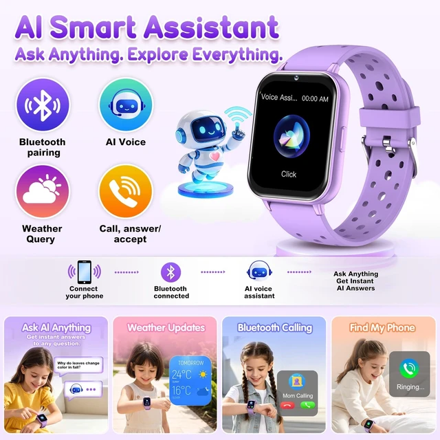 Alt view image 4 of 7 - Smart Watch for Kids, 1.83" Fitness Tracker with Heart Rate, Sleep Tracking, IP68 Waterproof, AI Voice, Calling, Camera, Games, Dual Bands, Gift for Girls and Boys Ages 5-16