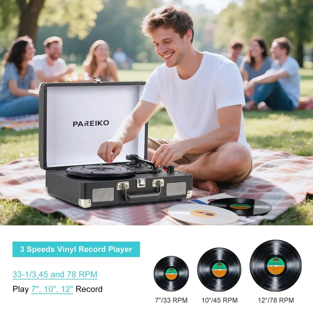 Alt view image 4 of 7 - Portable Record Player with 3 Speed Turntable Bluetooth Connectivity Built in 1800mAh Battery Retro Suitcase Design for Vinyl Music Lovers