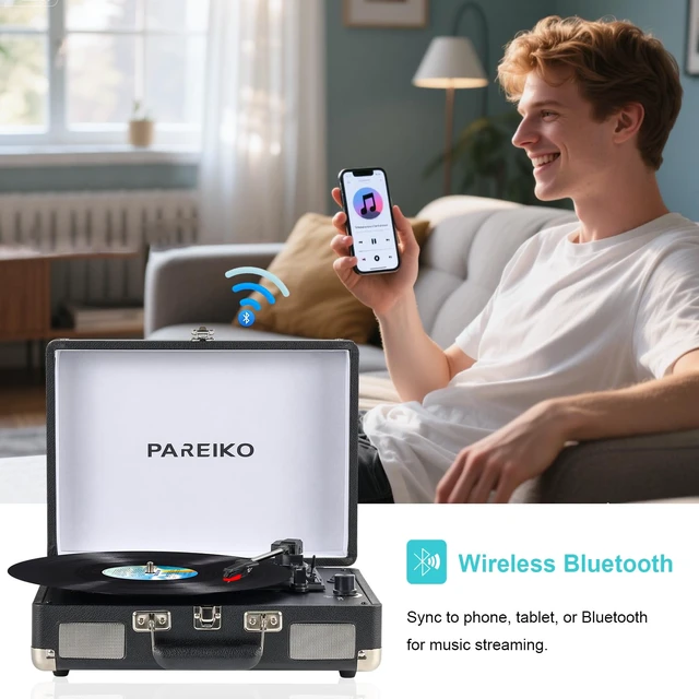 Alt view image 5 of 7 - Portable Record Player with 3 Speed Turntable Bluetooth Connectivity Built in 1800mAh Battery Retro Suitcase Design for Vinyl Music Lovers