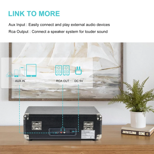 Alt view image 6 of 7 - Portable Record Player with 3 Speed Turntable Bluetooth Connectivity Built in 1800mAh Battery Retro Suitcase Design for Vinyl Music Lovers