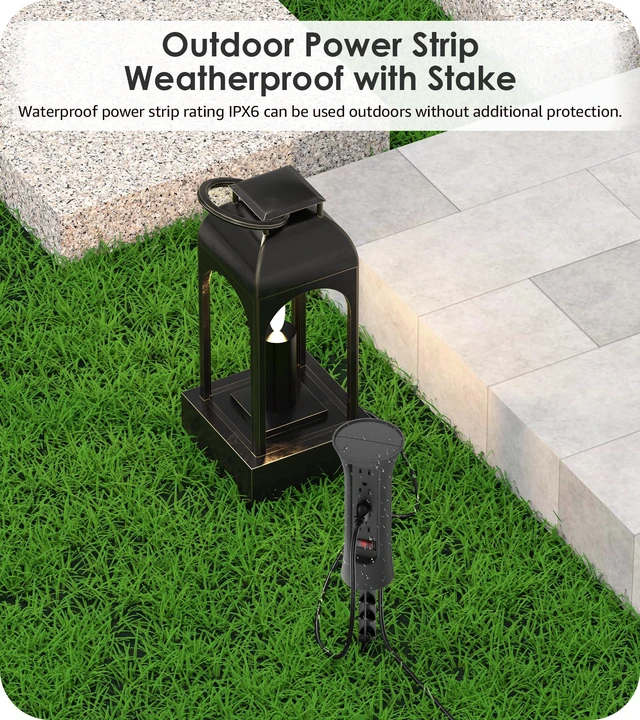 Alt view image 2 of 7 - Outdoor Power Strip Weatherproof with Stake, Waterproof Extension Cord with Multiple Outlets, Christmas Exterior Garden Decor, Yard, Camping, 4 Plugs, Surge Protector 10FT, Black