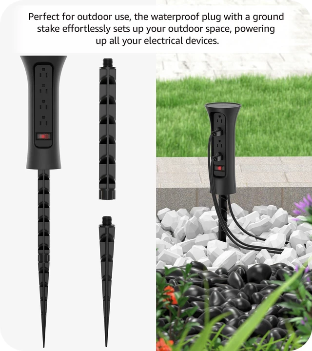 Alt view image 3 of 7 - Outdoor Power Strip Weatherproof with Stake, Waterproof Extension Cord with Multiple Outlets, Christmas Exterior Garden Decor, Yard, Camping, 4 Plugs, Surge Protector 10FT, Black