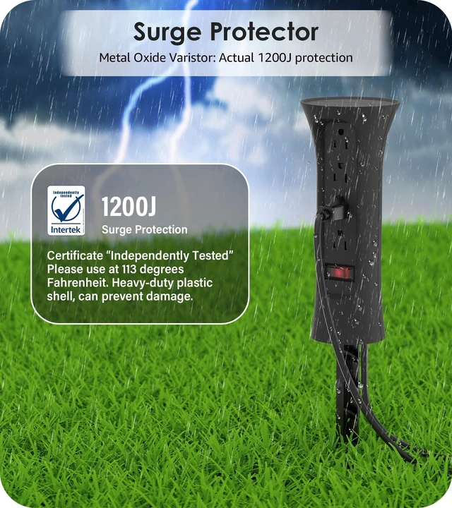 Alt view image 4 of 7 - Outdoor Power Strip Weatherproof with Stake, Waterproof Extension Cord with Multiple Outlets, Christmas Exterior Garden Decor, Yard, Camping, 4 Plugs, Surge Protector 10FT, Black