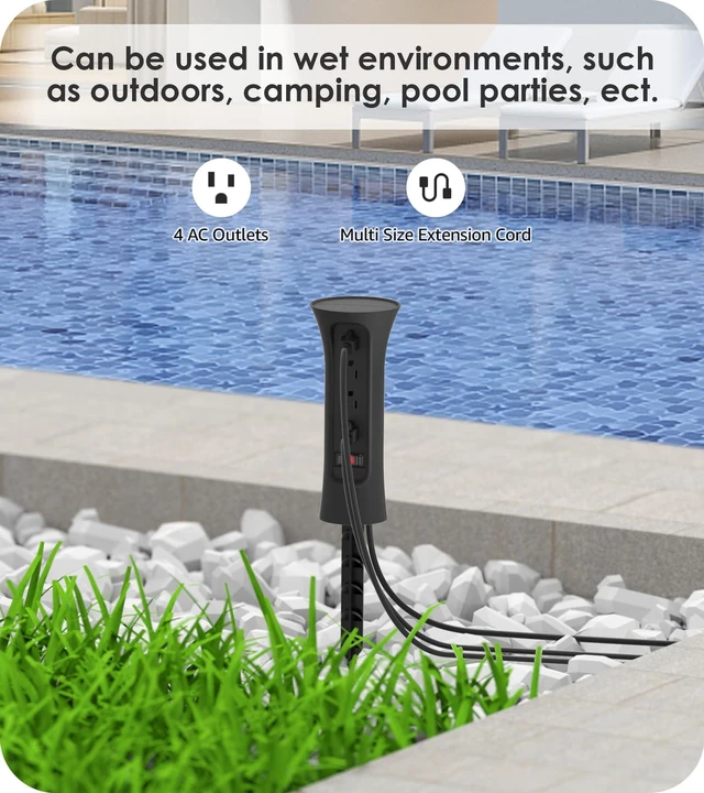 Alt view image 5 of 7 - Outdoor Power Strip Weatherproof with Stake, Waterproof Extension Cord with Multiple Outlets, Christmas Exterior Garden Decor, Yard, Camping, 4 Plugs, Surge Protector 10FT, Black