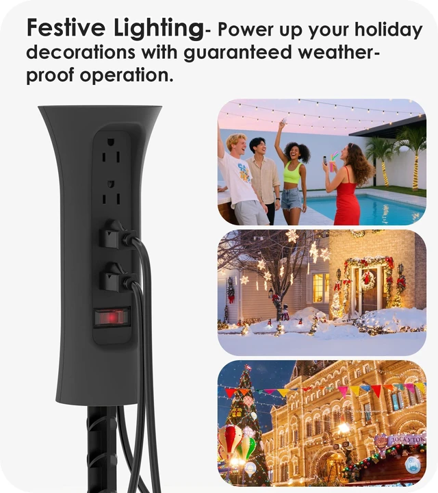 Alt view image 7 of 7 - Outdoor Power Strip Weatherproof with Stake, Waterproof Extension Cord with Multiple Outlets, Christmas Exterior Garden Decor, Yard, Camping, 4 Plugs, Surge Protector 10FT, Black