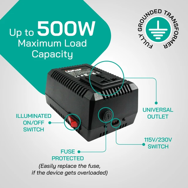 Alt view image 7 of 7 - 500 Watt Step Up/Step Down Travel Voltage Converter, 220/110v to 110/220v converter with Type B Plug Compatible with Hair Straightener, Camera, Laptop & More