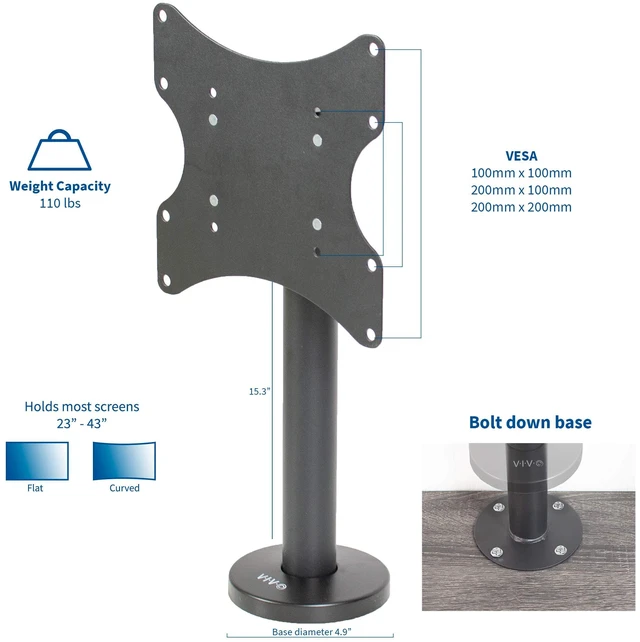 Alt view image 2 of 7 - Black Swivel Bolt-Down TV Stand for 23-43 in Screens, STAND-TV00M2 Desktop VESA Mount, Sturdy Tabletop TV Display, Max VESA 200x200mm, Holds 110 lbs